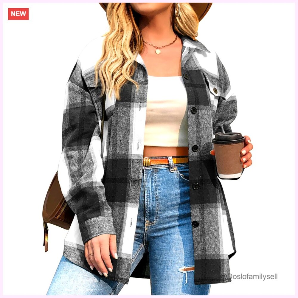 Plus Size Flannel Shacket Jacket Long Sleeve Butt… - image 1